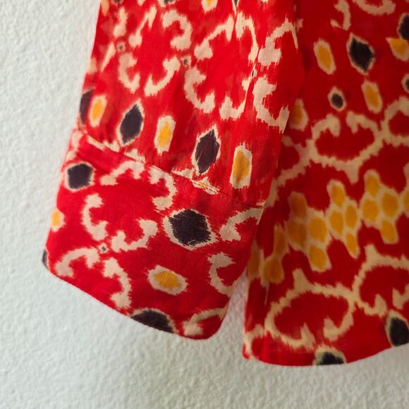 Lafayette 148 New York Red Ikat Print Button Front Blouse Women Sz 14 Tie Front - Picture 3 of 13